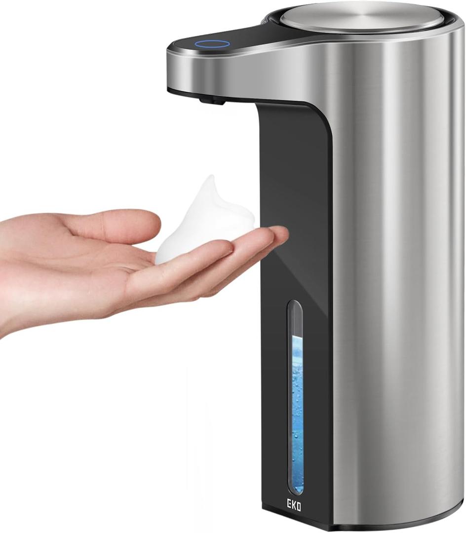 EKO Automatic Foaming Soap Dispenser, Touchless Foam Hand Soap Dispenser for Bathroom and Kitchen, Water-Resistant and Rechargeable, 9 fl oz, Modern Design for Homes and Offices (Stainless)