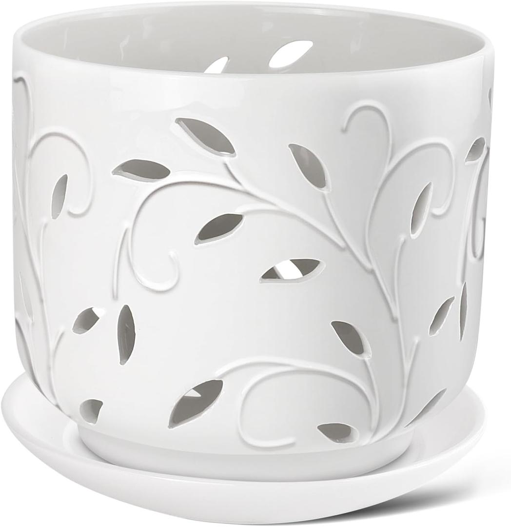 Orchid Pots with Holes, 7 Inch Orchid Pots with Drainage Holes and Tray, Indoor or Outdoor Ceramic Flower Pot for Orchid Care, Promoting Air Circulation - White