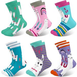Toddler Girls Socks Animal Crew Cute Llama Print Pattern Kids Sock Birthday Gift 6 Pairs 8-11Y