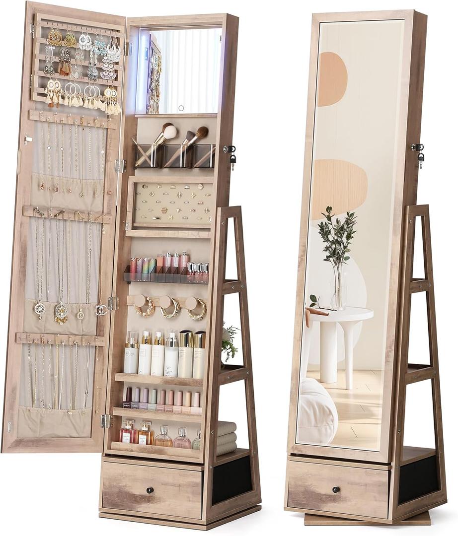 Nice tree 360 Swivel Jewelry Cabinet with Lights, Touch Screen Vanity Mirror, Rotatable Full Length Mirror with Jewelry Storage, Standing Jewelry Armoire Organizer, Foldable Makeup Shelf, Oak