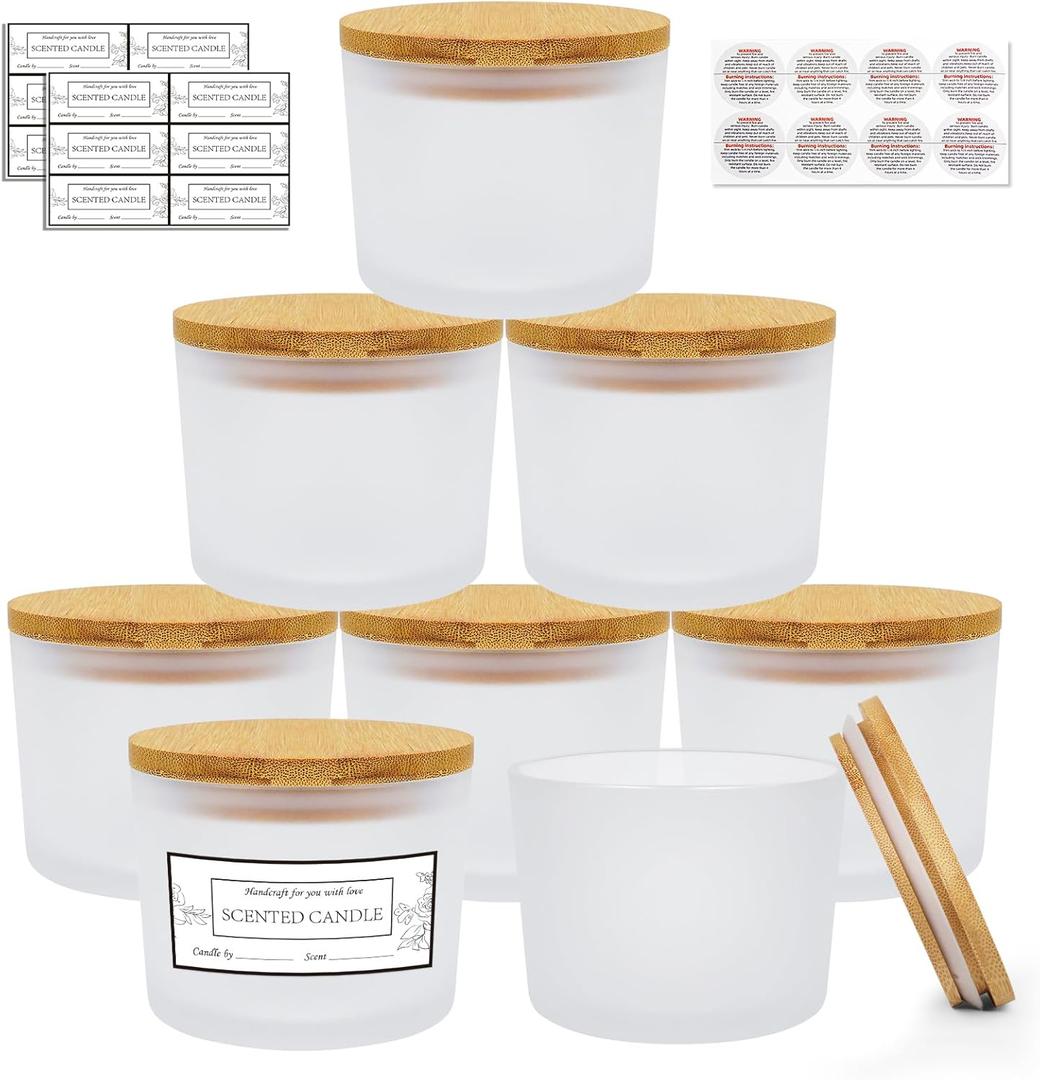 CONNOO 8 Pack 12 OZ Frosted Glass Wide Mouth Candle Jars for Making Candles with Airtight Bamboo Lids Nice Sticky Warning Labels for Candle Making Empty Container Bulk - Dishwasher Safe