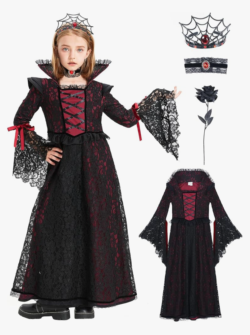 LETIME Vampire Costume for Girls Halloween kids Royal Vampire Dress Elegant Gothic Outfit for Trick-or-Treat & Parties Size M