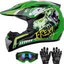 DOT Youth Dirt Bike Helmet with Goggles & Gloves for 5-14 Years Old, Kid ATV Helmets for Youth Boys Girls, Four Wheeler Helmet, Motocross BMX MX UTV Offroad Street Go Kart Dirt Bike Dinosaur (Medium)