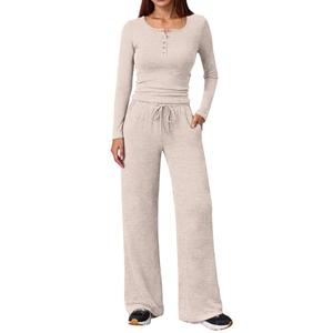 2 Piece Sets for Women Henley Knit Sweatsuit Soft Oversized Loose Fit Two Piece Long Sleeve Cute Sweatshirts Wide Leg Pants Loungewear Crewneck Sweatshirt Baggy Sweatpants Winter Clothes for Women, Small
