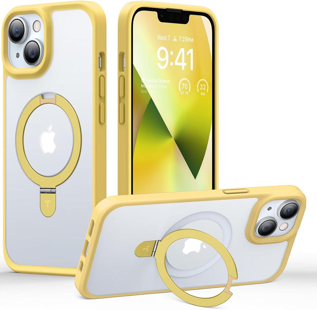 TORRAS Magnetic Kickstand for iPhone 13/ iPhone 14 Case [Compatible with MagSafe][Sturdy & Versatile Stand] Military-Grade Shockproof Translucent Slim Protective Anti-Fingerprint Anti-Scratch, Yellow