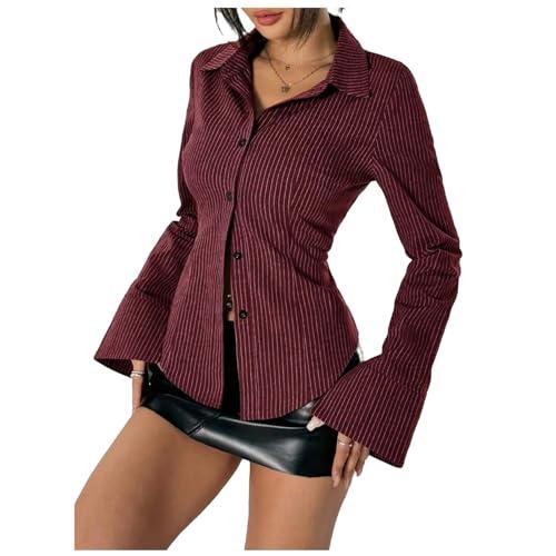 Women Slim Fit Button Down Striped Shirt Long Sleeve Fitted Button Up Shirt Vintage Y2K Pinstripe Collared Blouse Medium