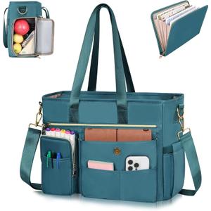 ESTARER Teacher Tote Bag for Women 2Pcs,15.6 Inch Laptop Work Bag Computer bag w/Expandable File Folder, Large Water-Resistant Messenger Handbags w/Insulated Pocket for Office/Travel/College, Teal