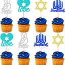 2 x 24 PCS Happy Hanukkah Cupcake Toppers Star of David Candlestick Cupcake Picks for Jewish Birthday Cake Decorations Supplies (Blue2)