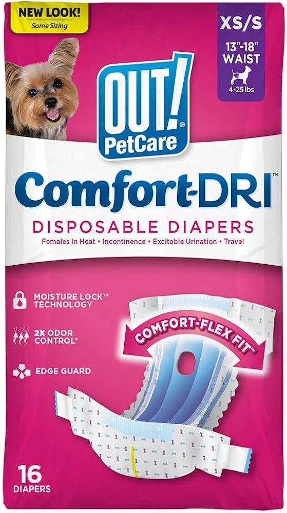 OUT! Petcare Disposable Dog Diapers for Female Dogs, Dog Heat Diapers, Female Dog Period Pads, Female Doggy Diaper for Peeing, Pet Diapers for Small Pets,13”-18” Waist, XS/Small, 16 Count