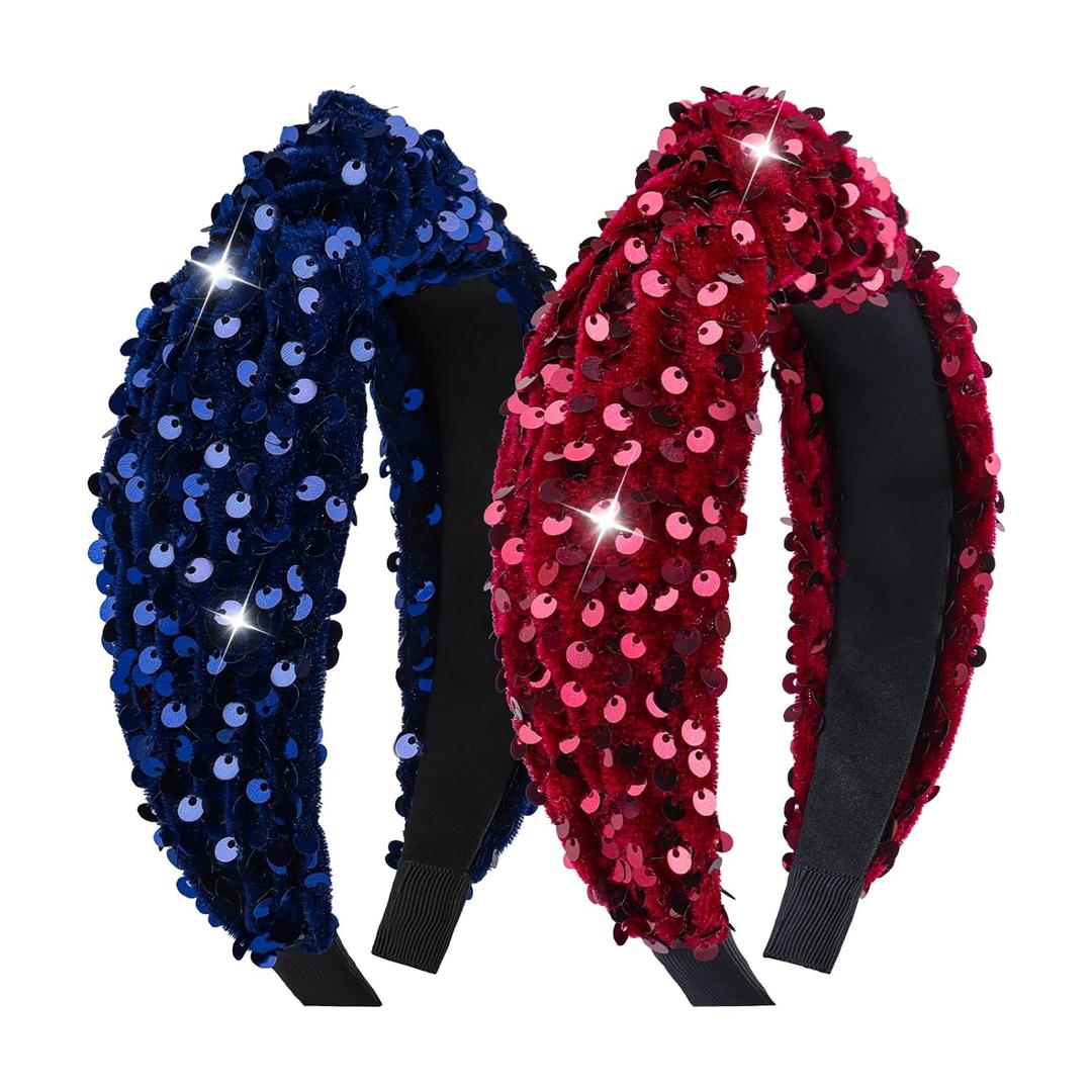 Sparkly Knotted Headband for Women Hair Accessories Girls Sequin Headband Fashion Velvet Headbands Large Hairbands Red and Blue Head Bands Glitter 2Pcs (4-Navy,Claret)