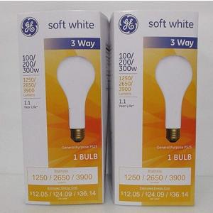 GE 3 Way Incandescent Mogul Base Bulbs 100/200/300 Watt PS25 Soft White, 2 Pack