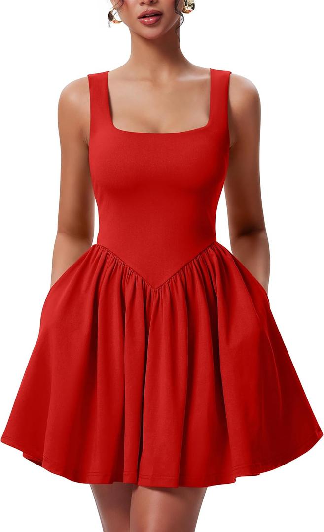 YMDUCH Women's Summer Sleeveless Square Neck A-line Ruffle Hem Mini Tank Dress with Pockets (Medium, Red)