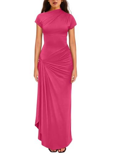 YMDUCH Women's Casual Short Sleeve Boat Neck Ruched High Split Bodycon Long Formal Dress Rose S