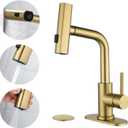 BARROCK Waterfall Bathroom Faucet with 3 Mode Pull Out Rotary Switch Sprayer, Modern Laundry Bar Sink Faucet with Deck Plate, Single Handle Stainless Steel Basin Faucets for 1 or 3 Holes, Brushed Gold