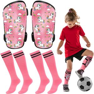 Soccer Shin Guards and Socks Set for Boys Girls for Age 3 to 14 Years Pink Unicorn Shin Kick Pads Socks Protective Defender Gear for Kids Youth Footballs Muay Thai MMA Kickboxing Sparring