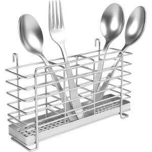 KESOL 304 Stainless Steel Utensil Drying Rack with Hooks & 3 Divided Compartments, Silverware Drying Basket, Spoon and Fork Organizer, Rustproof Kitchen Drainage Basket Accessories, Silver, 2x8.7x5