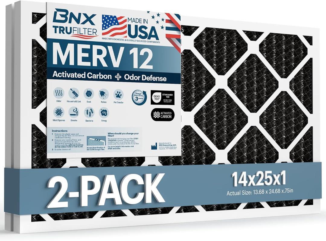 BNX TruFilter 14x25x1 MERV 12 Odor Defense (2-Pack) AC Furnace Air Filter with Activated Carbon - MADE IN USA - Pleated Air Conditioner HVAC AC Furnace Filters - Removes Odor, Mold, Bacteria, Smoke