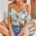 SweatyRocks Women's Floral Print Cold Shoulder Tops Ruffle Short Sleeve Summer Blouses Shirt (White, S)