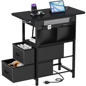 Yenlure Small Side Table with Charging Station, Narrow Nightstand Bedside Tables with Storage Pocket for Living Room Bedroom, Sofa End Table with USB Ports and Power Outlets for Small Spaces