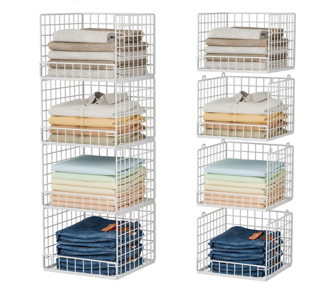 4-Tier Stackable Closet Organizers and Storage Baskets, Closet Shelf Organizer, Space-Saving Clothes Storage Drawer, Foldable Clothes Storage Bins for Closet Organizer System, White(Patent 30022416)