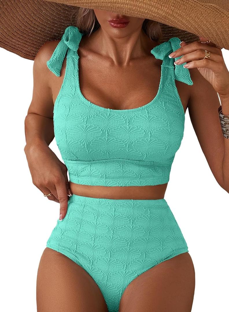 Herseas Women 2 Piece High Waisted Bikini Sets Seashell Textured Tie Strap Swimsuits Bathing Suit Beach Summer Outfits (Small, Turquoise)