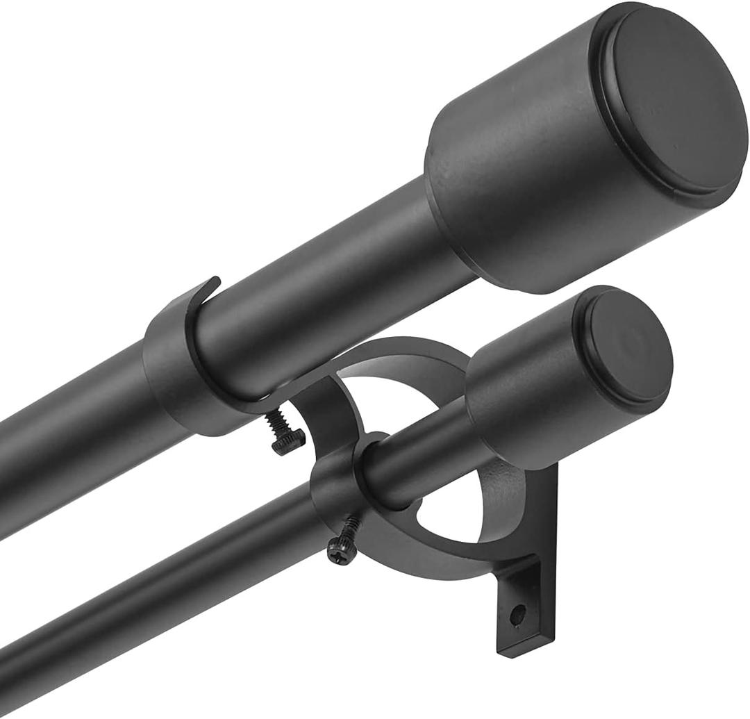 Kemmie 1" Window Treatment Curtain Rod with Cylindrical Cap Finials, Double Drapery Rod Adjustable Length 72-144", Matted Black