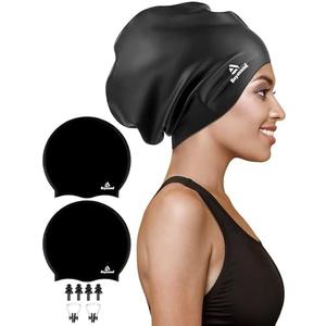 2 Pack Extra Large Swim Cap for Braids and Dreadlocks, Silicone Swimming Caps for Long Hair, Weaves, Extensions, Curls & Afros, Waterproof Adult Swim Hats Bathing Caps for Women Men