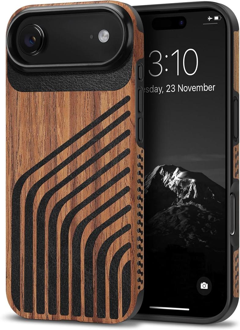 TENDLIN Compatible with iPhone Air Case Wood Grain with Carbon Fiber Texture Design Leather Hybrid Slim Case (Hairline)