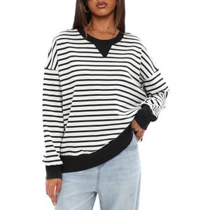 Darong Women Oversized Striped Color Block Long Sleeve Crew Neck Sweatshirt Casual Cotton Pullover Sweatshirts Fall Cloth (S)