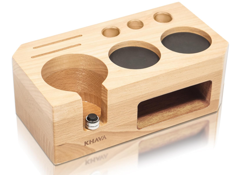 KHAVA Espresso Tamping Station | Wooden Coffee Tamper Station 5154 mm | Espresso Organizer Portafilter Holder | Coffee Station Organizer for Countertop | Espresso Accessories for Coffee Bar, Natural