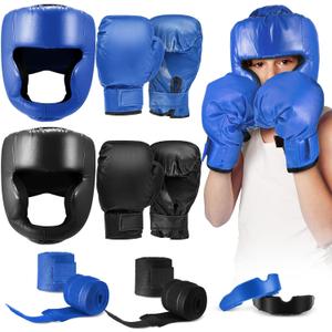 Kanayu 12 Pcs Kids Boxing Equipment Set for Beginners Ages 6-18 Years Including Boxing Helmet and Gloves Hand Wraps Sport Mouthguards Taekwondo Sparring Gear for Kids and Children (Blue, Black)