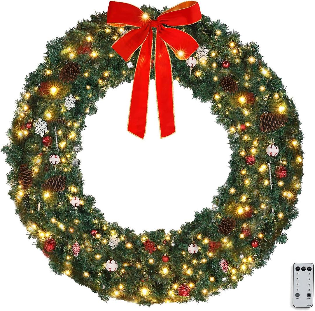 VINGLI 60 Inch Pre-lit Outdoor Christmas Wreath, Large Christmas Wreath with Lights 220 LED and 600 PVC Branches for Garage, Green Wreath w/Bow, Pine Cones, Ornaments, Remote Control, Timer (Plug-in)