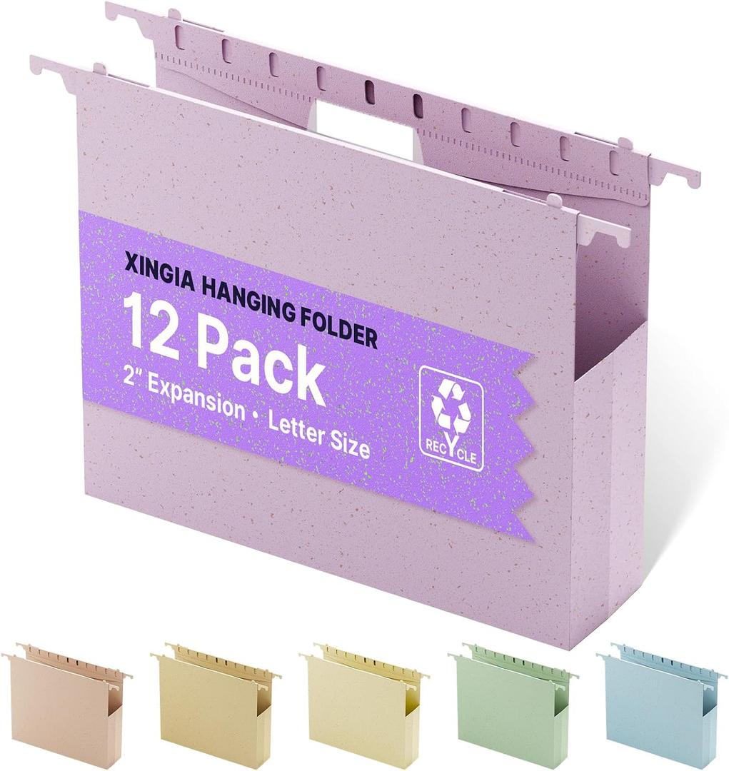 XINGIA Letter Size Hanging File Folders with Tabs,2'' Expansion,12 Pack Plastic Hanging Folders,Extra Capacity File Cabinet Folders,Hanging Organizers for Filing Cabinet, Bulky Files & Medical Charts