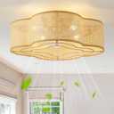 20" Boho Ceiling Fan with Light, Rattan Flush Mount Ceiling Fan with Light Remote Control, Caged Enclosed with 6 Speeds for Bedroom, Living Room, Foyer, Nursery (Gold)