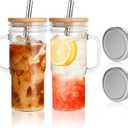 MCleanPin Glass Cups with Bamboo Lids and Straws,24oz Glass Tumbler with Handles,2Pack Mason Jar with Lids and Straw Wide Mouth, Reusable Smoothies Cups, Iced Coffee Cups, Drinking Jars Travel Mugs