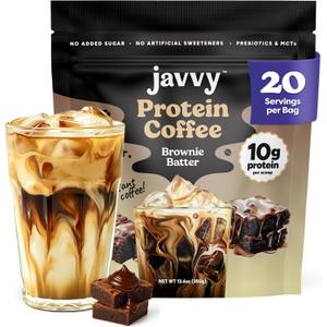Javvy Protein Iced Coffee - Premium Whey Protein & Iced Coffees, 100% Natural Cold Brew, Zero Artificial Flavors & Sweeteners, 80mg Caffeine, No Added Sugar, 20 Servings, Brownie Batter, 1 Pack (EXP 08/06/26)