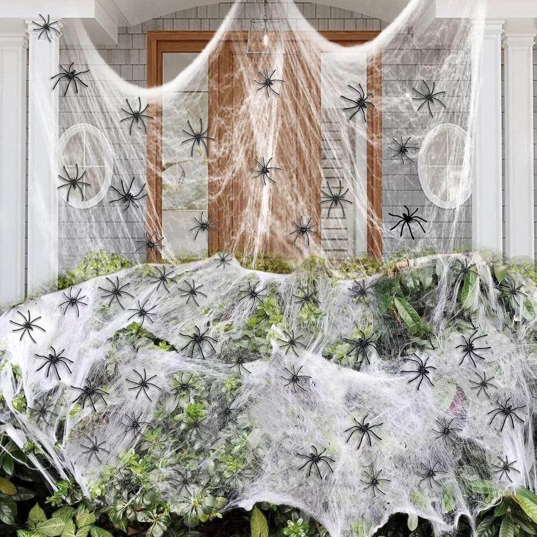 2000 sqft Spider Web Decoration Halloween with 50 Black Spiders Super Stretched Spider Cobwebs for Indoor and Outdoor Holiday Spider Decorations
