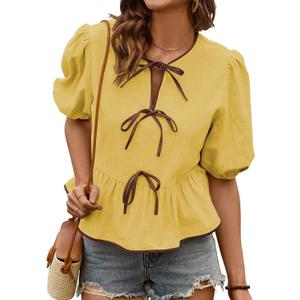 Falechay Womens Summer Tops Bowknot Puff Short Sleeve Blouses Dressy Casual Cute Babydoll Flowy Peplum Shirt for Women (Yellow, L)