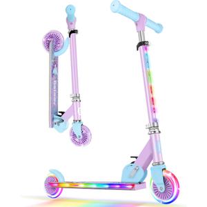 BELEEV V2 Scooters for Kids with Light-Up Wheels & Stem & Deck, 2 Wheel Folding Scooter for Girls Boys, 3 Adjustable Height, Non-Slip Pattern Deck, Lightweight Kick Scooter for Children Ages 3-12 (Purple)