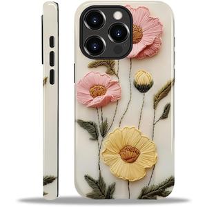 Case for iPhone 14 Pro Case,Faux Embroidery Boho Floral Design - Hybrid Dual Protection Silicone + Hard PC Shockproof Full Body Cover Slim Anti-Scratch Protective Case for Men Women