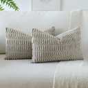 OTOSTAR Pack of 2 Soft Corduroy Decorative Throw Pillow Covers 16 x 24 Inch Boho Striped Pillow Covers Lumbar Cushion Case Couch Pillowcases for Sofa Bed Home Decor (Taupe)