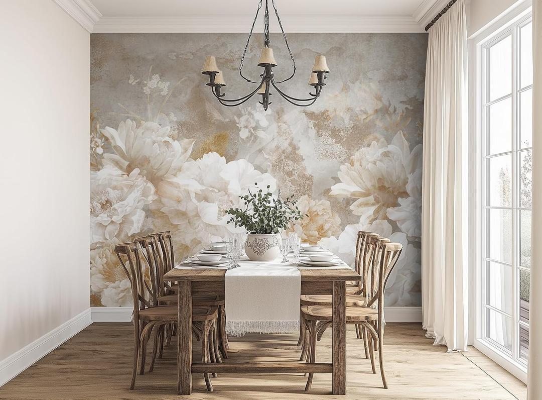 ASJ Peony Peel and Stick Wallpaper Mural, Vintage White Floral Beige