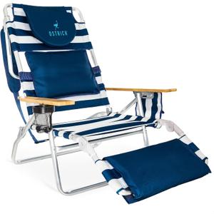 Ostrich Deluxe 3N1 Lightweight Lawn Beach Reclining Lounge Chair with Footrest, Outdoor Furniture for Patio, Balcony, Backyard, or Porch, Blue Stripe
