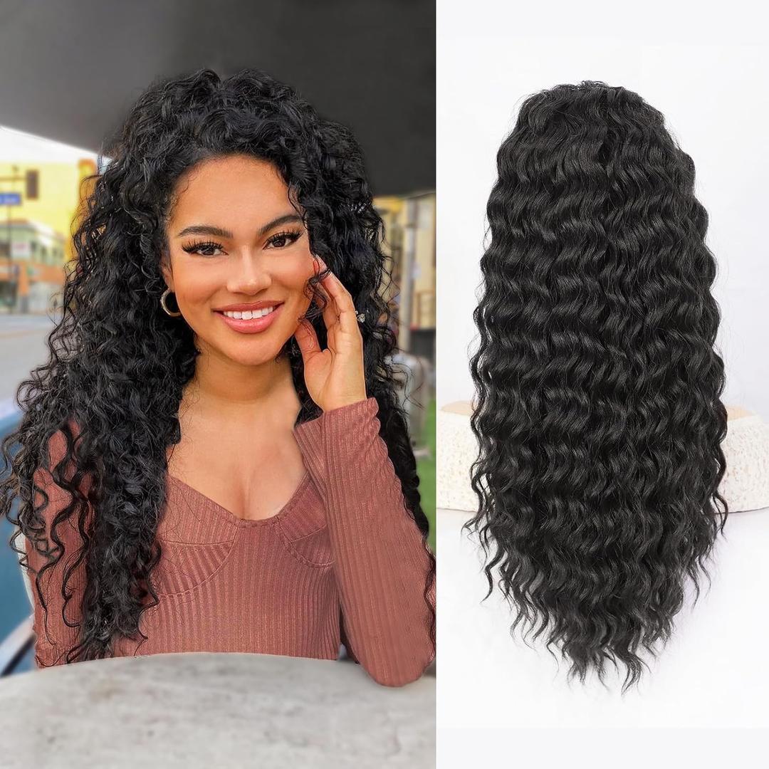 QGZ Ponytail Extension Drawstring Ponytail for Black Women 22 Inch Synthetic Long Curly Fluffy Pony Tails Hair Extensions for Daily Use (Black)