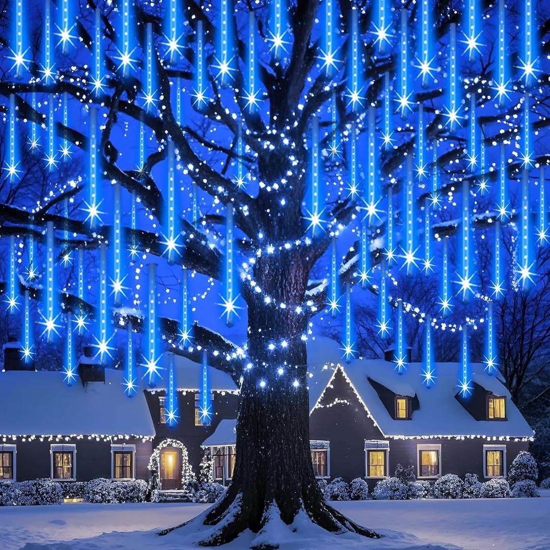 Outdoor Christmas Lights Meteor Shower Light UL Certified 8 Tubes 192 LED Snow Falling Rain Drop Light Dripping Icicle String Lights for Christmas Tree Decorations Xmas Wedding Party, Blue