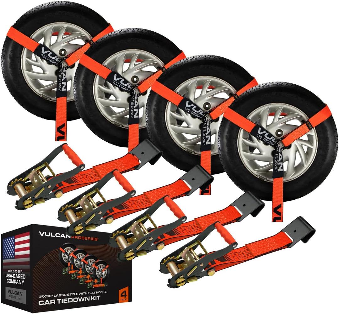 VULCAN Car Tie Down with Flat Hooks - Lasso Style - 2 Inch x 96 Inch - 4 Pack - PROSeries - 3,300 Pound Safe Working Load