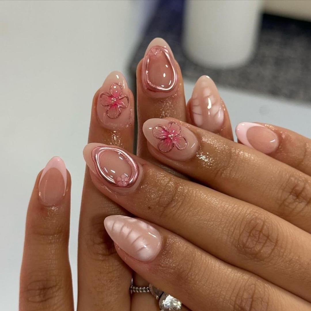 24 Pcs Blush Press on Nails Short Almond Nail Tips,YEFIUO Acrylic Nail Kit Irregular Gilded Texture Fake Nails Press ons Glue on Nails Full Cover Reusable False Nails Strong Jelly Glue Tool for Ma'am