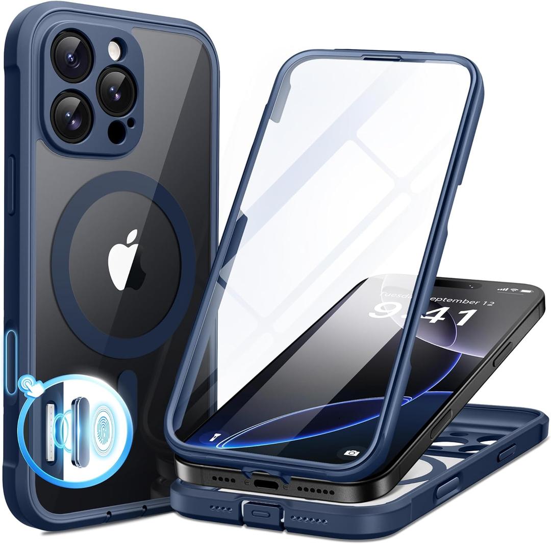 BERFY Magnetic for iPhone 16 Pro Max Case, Compatible with MagSafe, [Built-in 9H Tempered Glass Screen Protector & Upgraded Camera Protection] Full Body Shockproof Phone case for 16 ProMax,Dark Blue