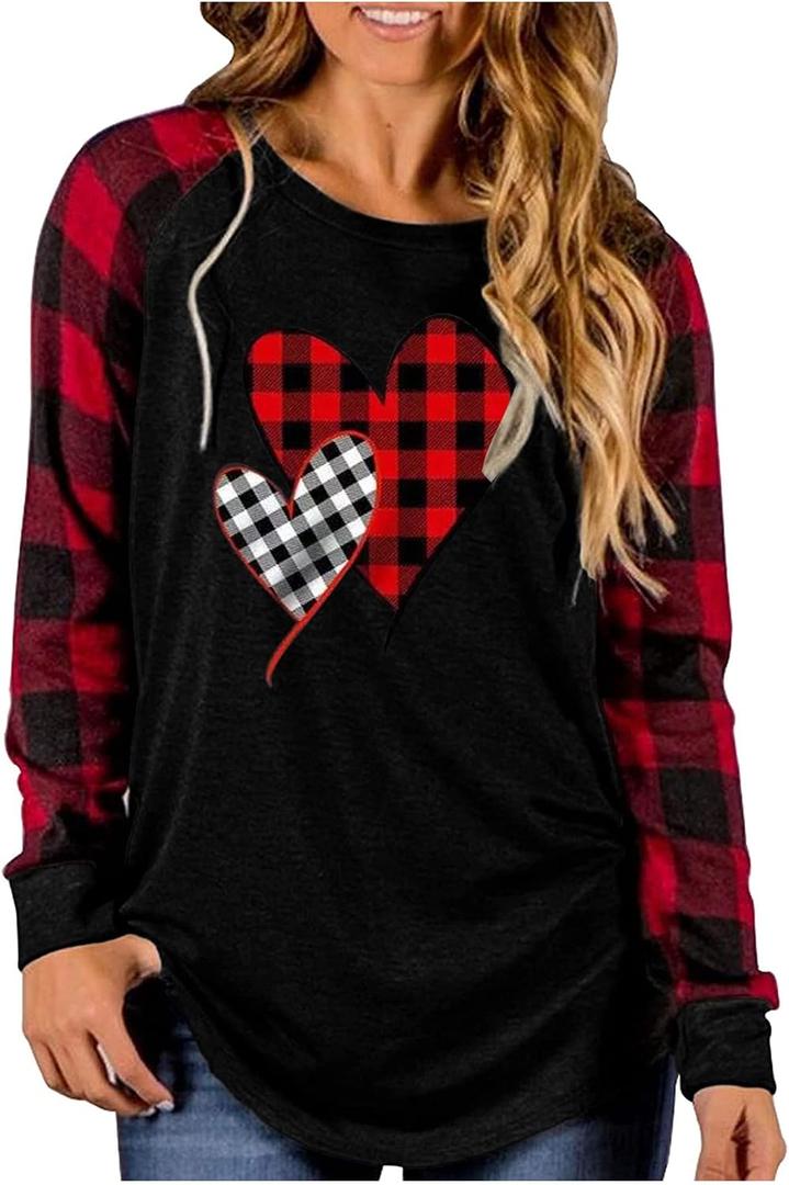 MHTOR Valentines Shirts Women Buffalo Plaid Love Heart Graphic Tees Letter Print Long Sleeve Tops Shirts Valentines Gift (XL)