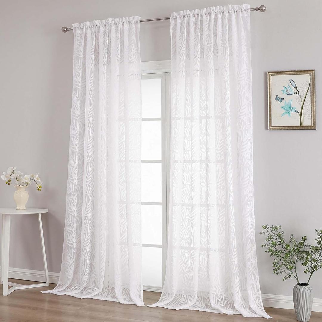 OVZME Extra Wide Sheer White Curtains 120 Inches Long 2 Panels Set, Light Filtering Soft Airy Semi Sheer Leaf Jacquard Farmhouse Curtains for Living Room, Dual Rod Pocket Design, 2x52Wx120L Inches